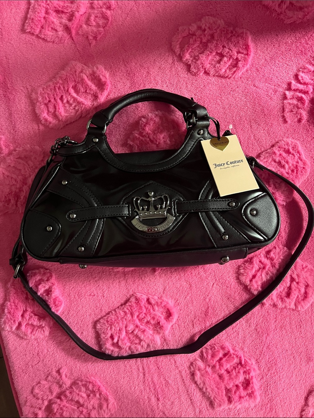 Exclusive Juicy Black Patent Shoulder Bag with Crown Logo and Removable Strap